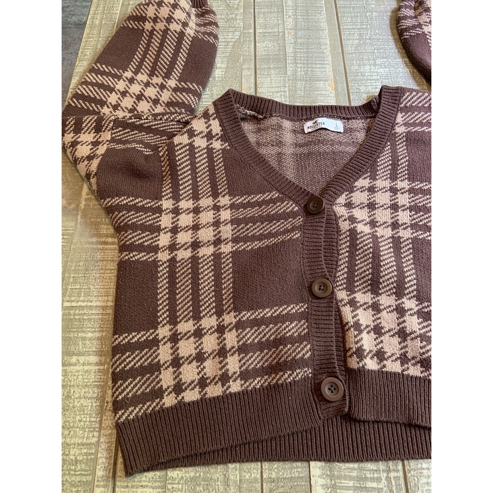 Hollister Brown Plaid Cropped Cardigan Sweater Large V-Neck Button Up Women's - Picture 2 of 7